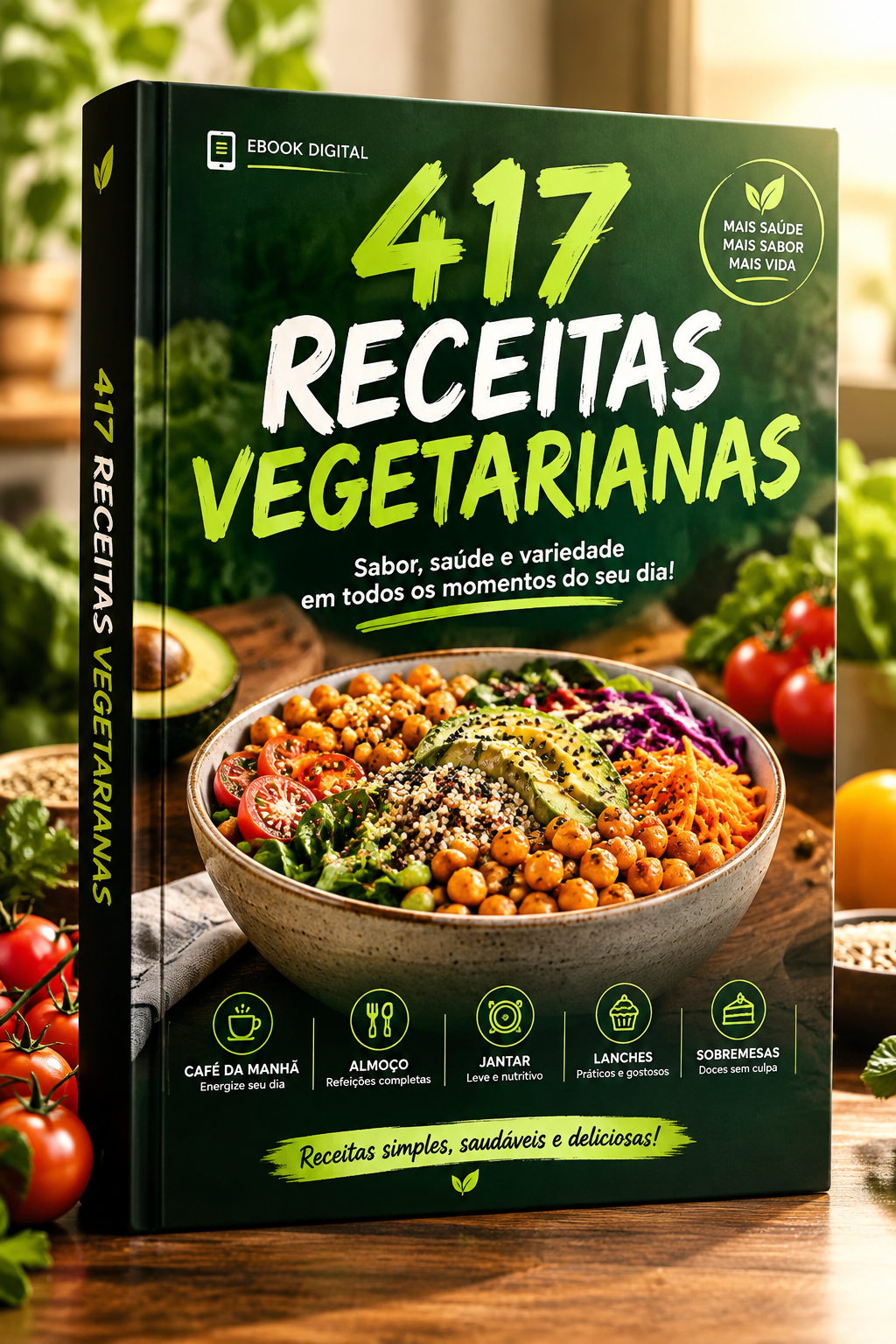 Capa do e-book 417 Receitas Vegetarianas sobre uma mesa de madeira em cozinha iluminada