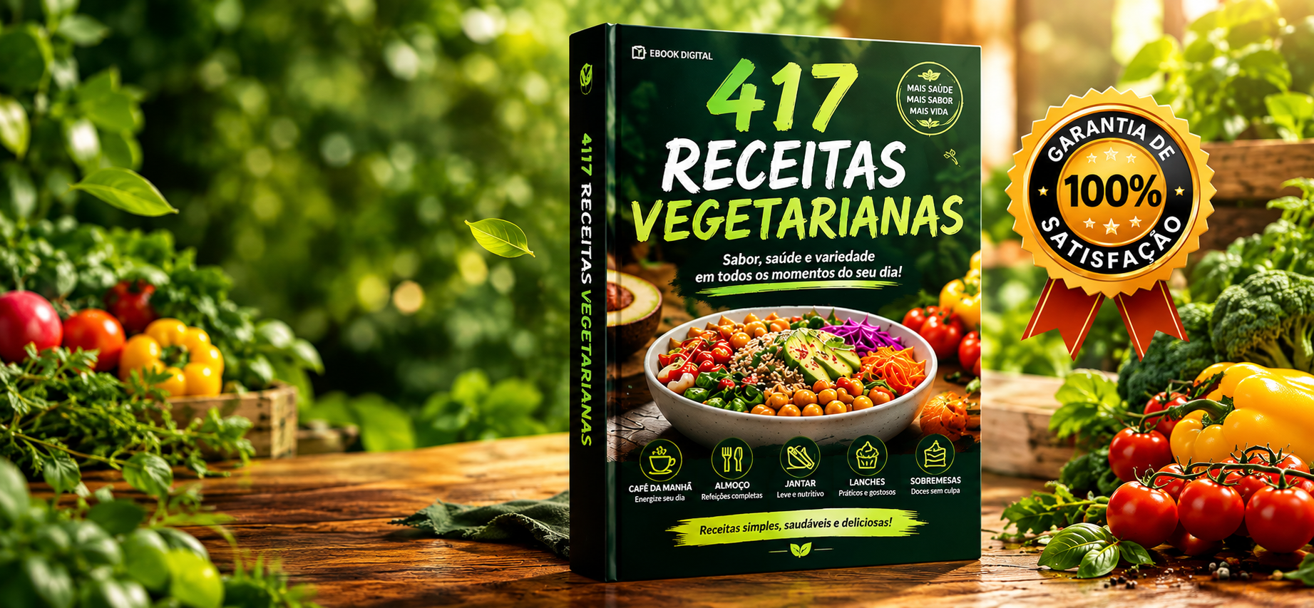 Banner do e-book 417 Receitas Vegetarianas sobre mesa de madeira com legumes frescos, selo de garantia e vegetais ao redor